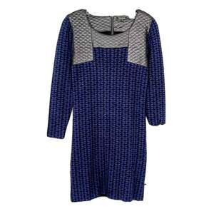 Yuka Black and Blue Quilted Faux Leather Sweater Dress, EUC, Size T2. US 4-6